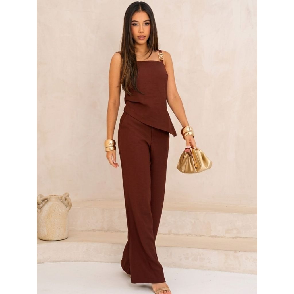 ​Conjunto Feminino Alfaiataria Sensoriale, Blusa Assimétrica e Pantalona Moda Evangélica/Executiva
