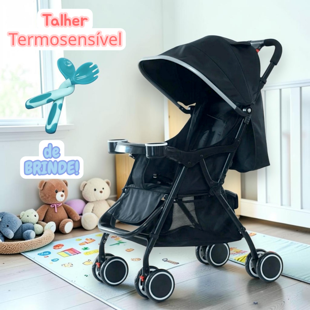 Carrinho de Bebê Passeio Assento Acolchoado Reclinável Até 20kg Com Porta Copos +BRINDE