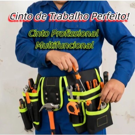 Cinturão de Ferramentas Ajustável com Múltiplos Bolsos Organizadores, Material Resistente para Eletricista e Pedreiro