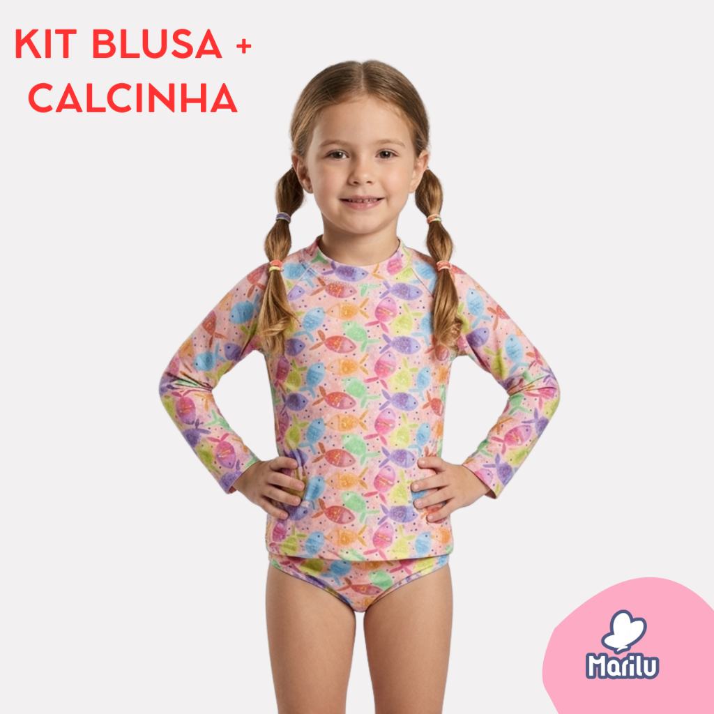 Conjunto de banho praia infantil feminino menina proteção uv camisa e calcinha piscina solar natação estampado