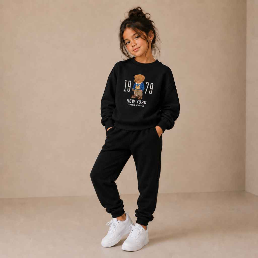Conjunto Moletom Infantil Urso Fofo 1979 Blusa de Frio Estiloso Americano Quentinho Flanelado