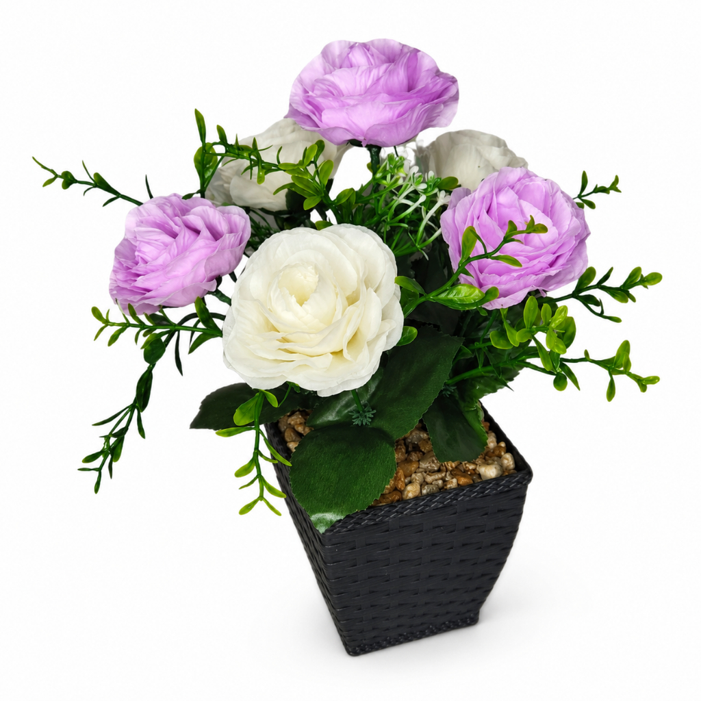 Arranjo Floral Artificial Rosas Lilás E Branco 30cm Vaso Preto Decorativo Para Sala Quarto Mesa Lar