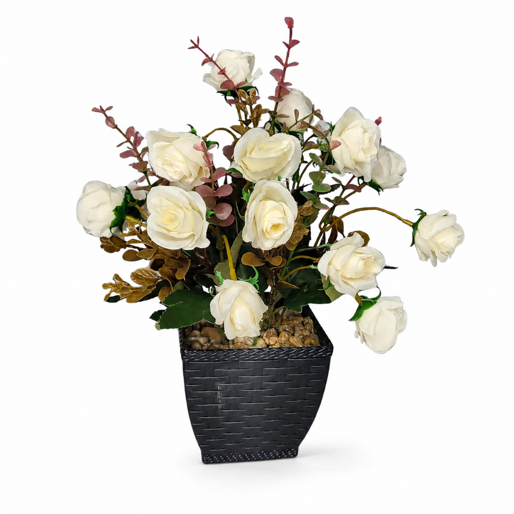 Mini Rosas Artificiais Brancas 30cm Com Vaso Preto Decorativo Para Sala Quarto Escritório Mesa Casa