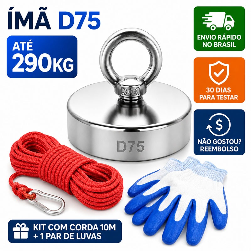 Ímã De Neodímio D75 290kg Pesca Magnética Super Forte Com Gancho Inox 304 Para Metal