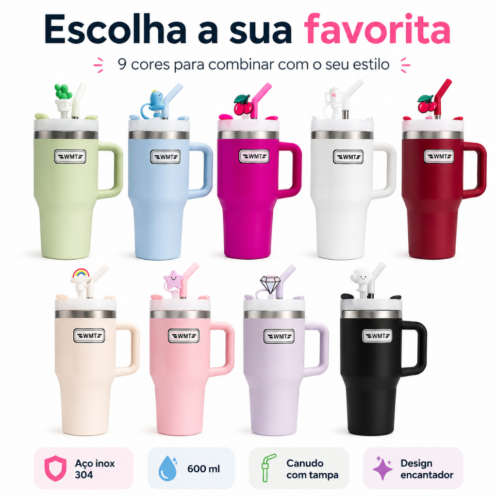 Copo Térmico 600ml Aço Inox 304 com Alça Tampa Canudo e Enfeite