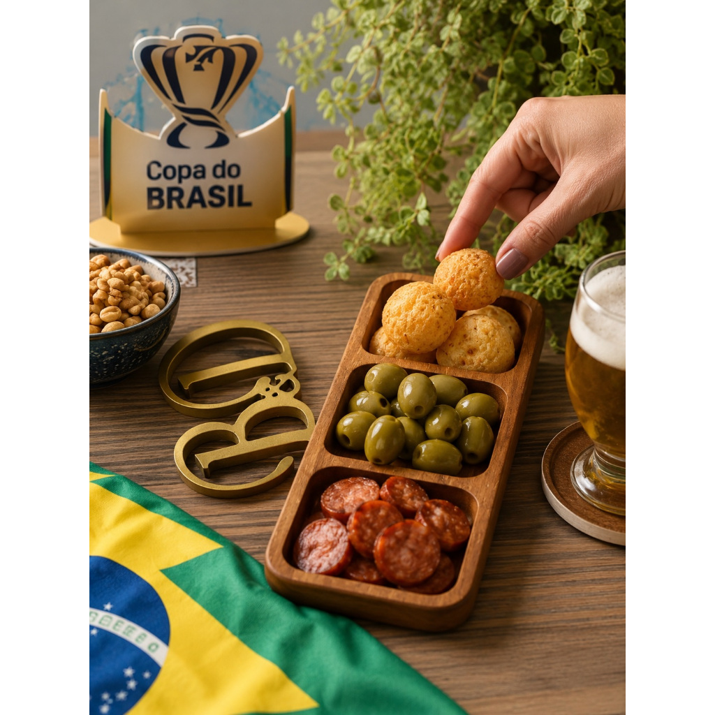 Gamela Petisqueira Retangular 3 Divisões em Madeira Maciça 32x12 cm Tábua Petisqueira Gourmet