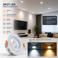 Spot 5w Embutir Redondo Kit ou Unidade Branco Frio Quente Direcionável Luminária 3000K 6500K