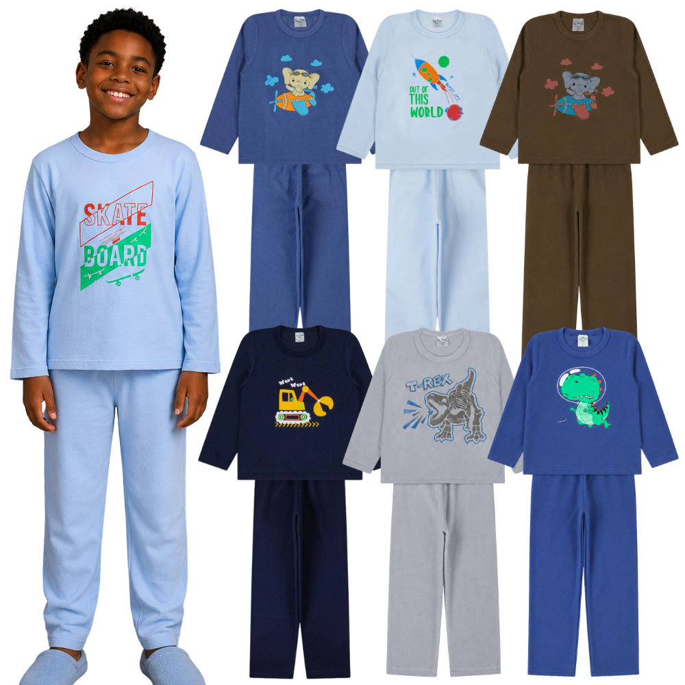 Conjunto de Pijama Moletom Masculino Juvenil Peluciado Manga Longa Inverno Confortável