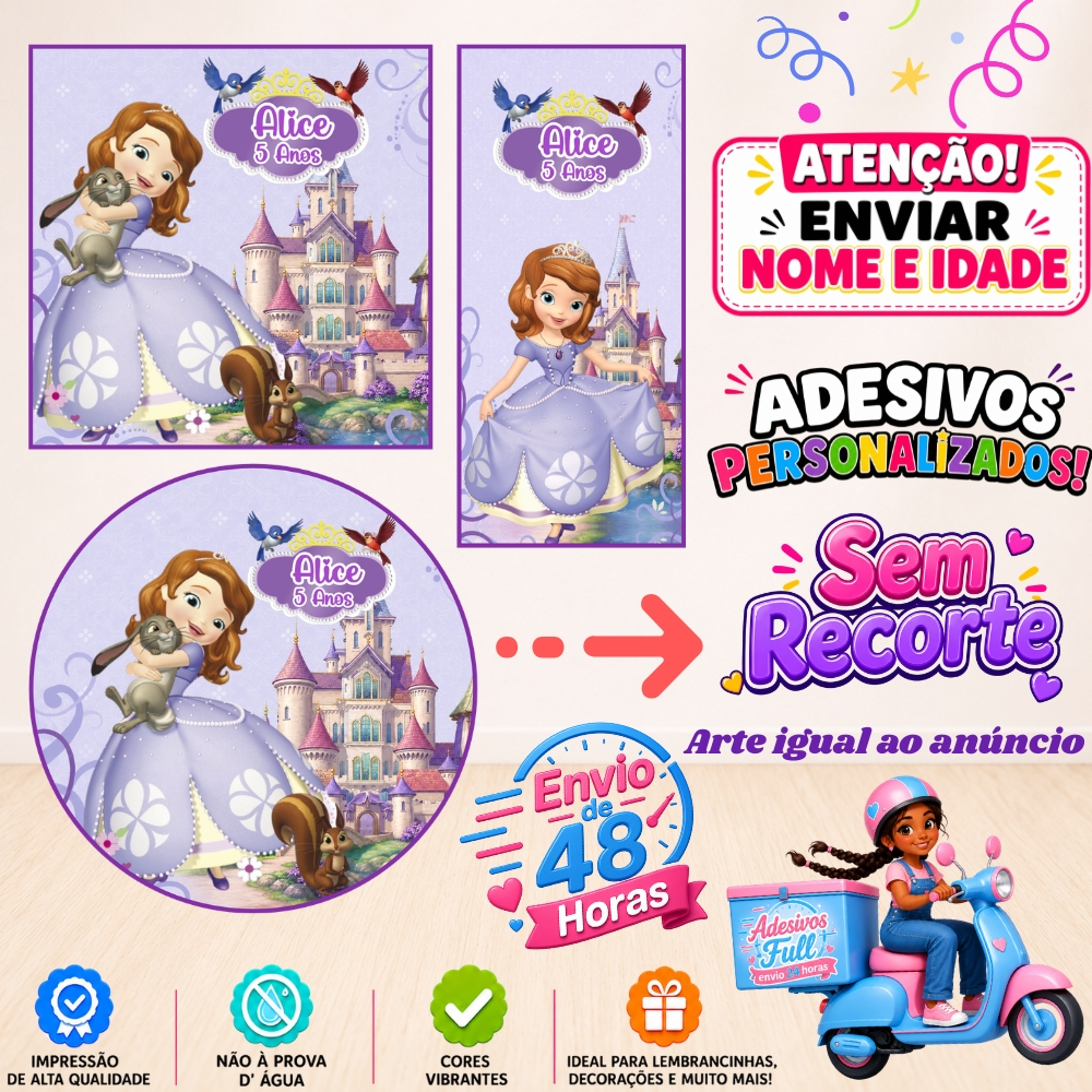 A Princesa Sofia - 100/60/40 Adesivos Personalizados Lembrancinhas Festa Aniversário