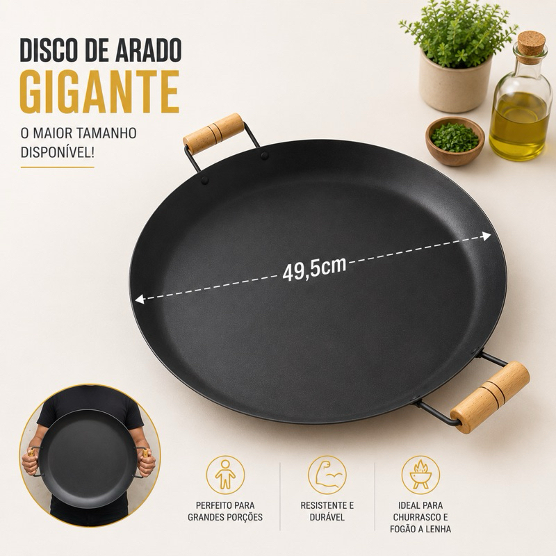 Disco de Arado 49,5cm Gigante Tacho Porções - Chapa de Arado com Alças de Madeira