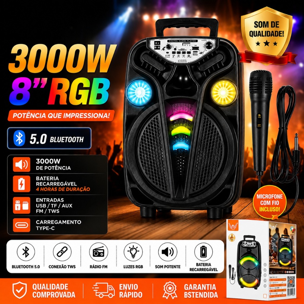 Caixa de som MEGAMAN Grande com BLUETOOTH Microfone Karaoke Led RGB Radio Alça Portátil