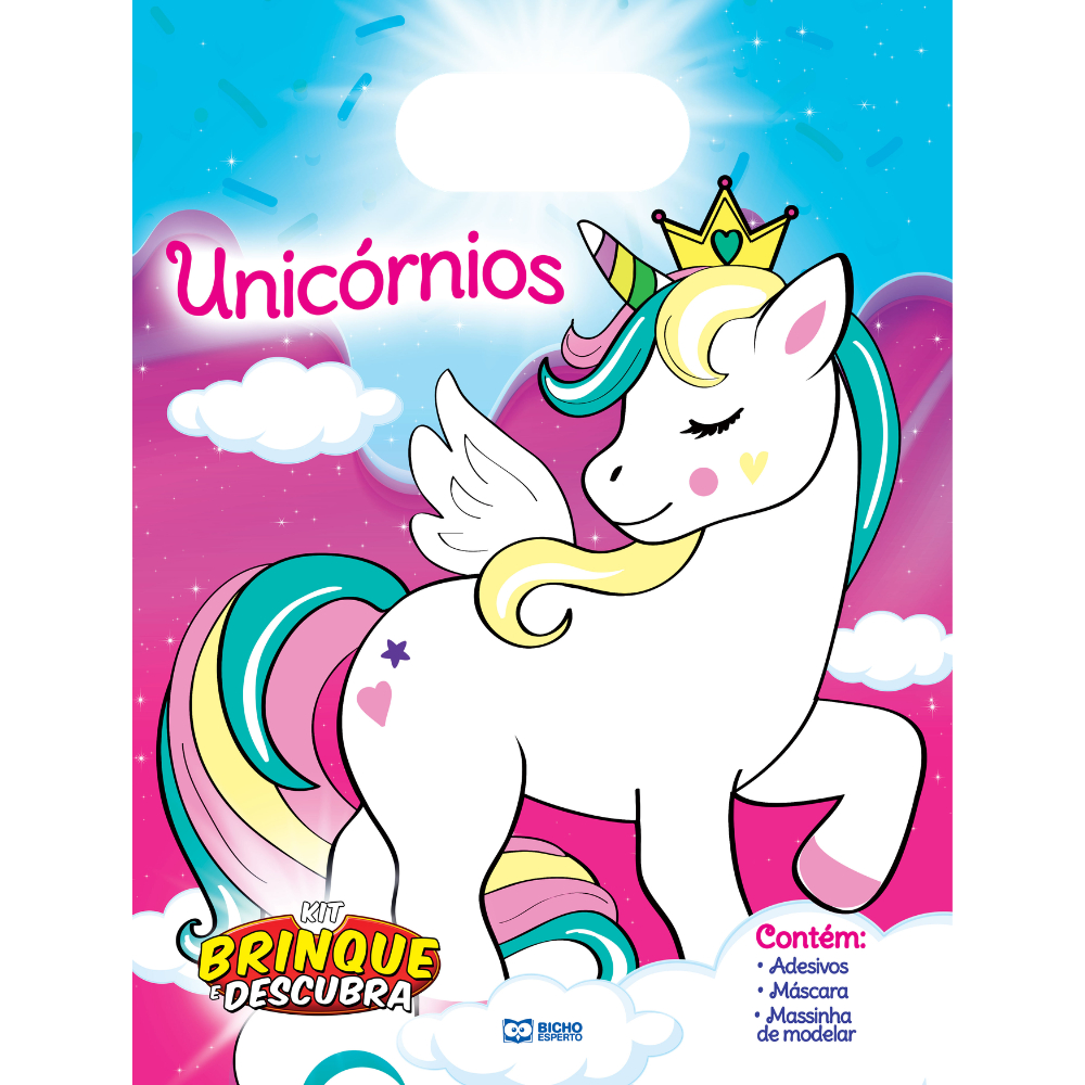 Kit Brinque E Descubra Unicornios + Máscara e Cartela de Adesivos