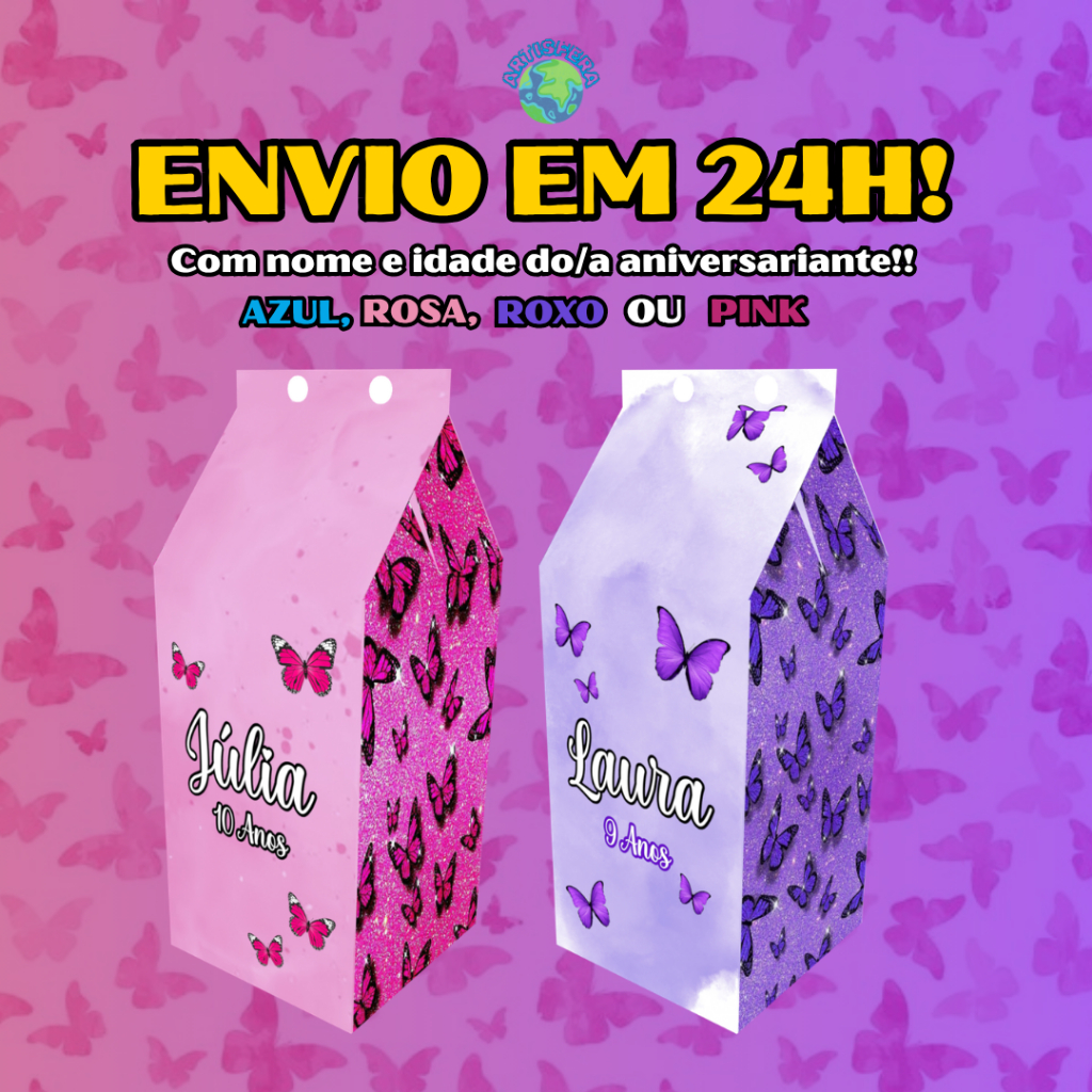 Caixinhas Borboletas Milk Leite Rosa, Azul Roxo Personalizada Com Nome e Idade Para Festas de Aniversario e Lembrancinha