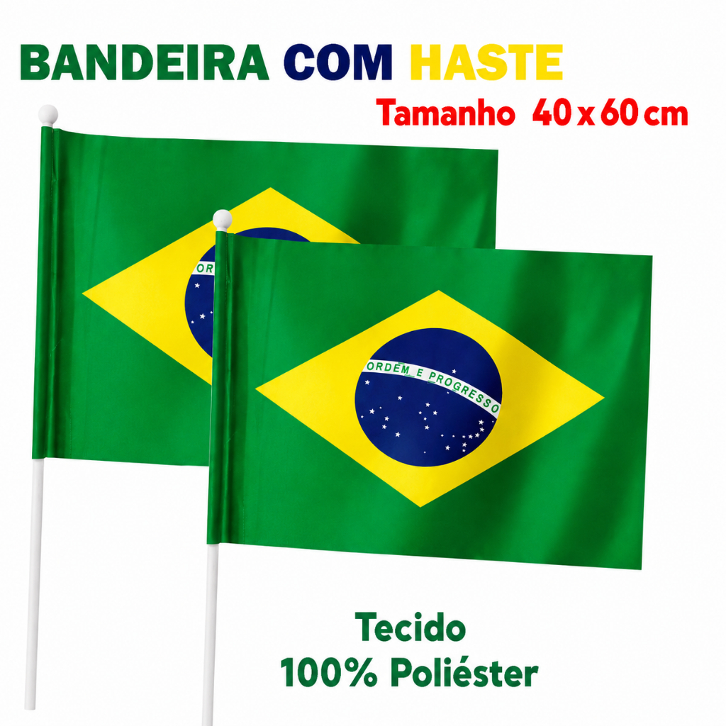 Kit Bandeira do Brasil 40x60cm em Poliéster com Haste plastico