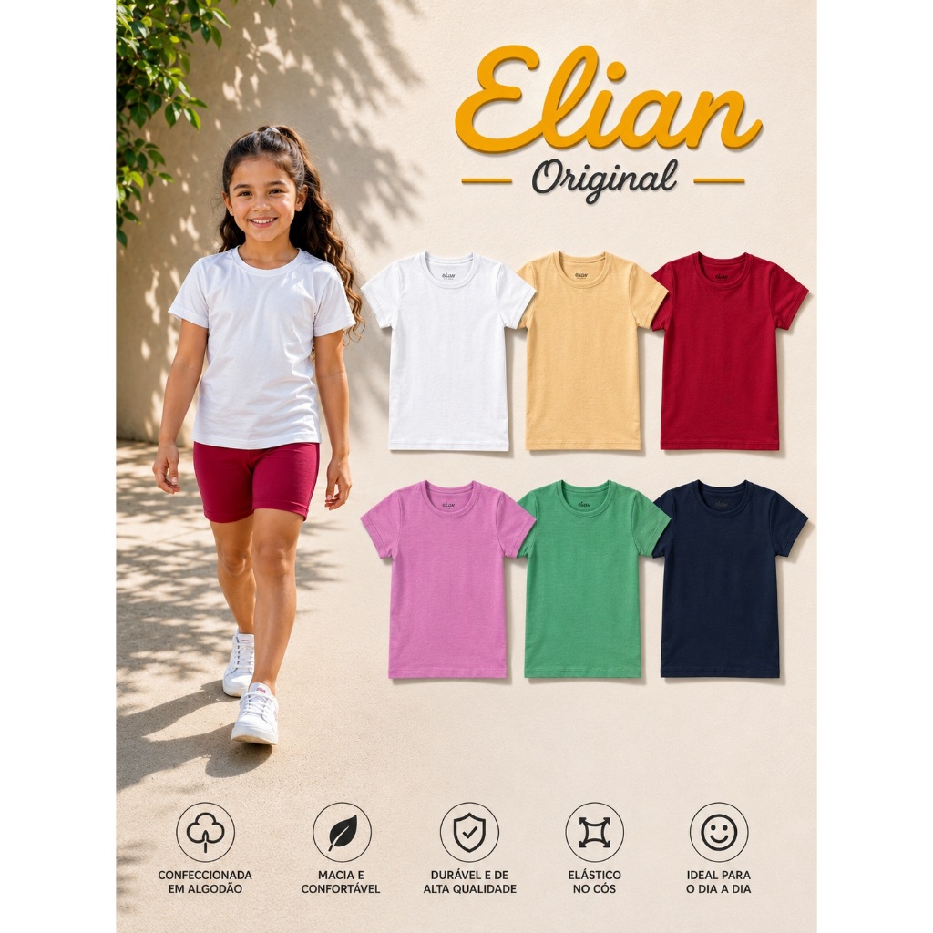 Blusa Camiseta Básica Infantil Menina Elian Algodão Tam 1 ao 16 Promoção