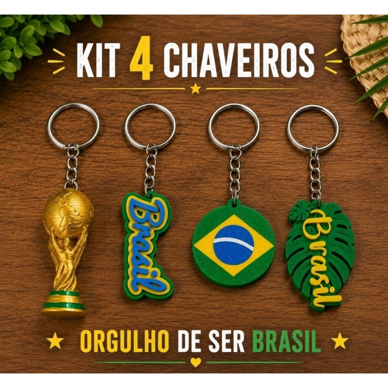 Kit Chaveiros Brasil Copa do Mundo Seleção Brasileira Bandeira do Brasil Taça Mundial Torcedor Presente Colecionável