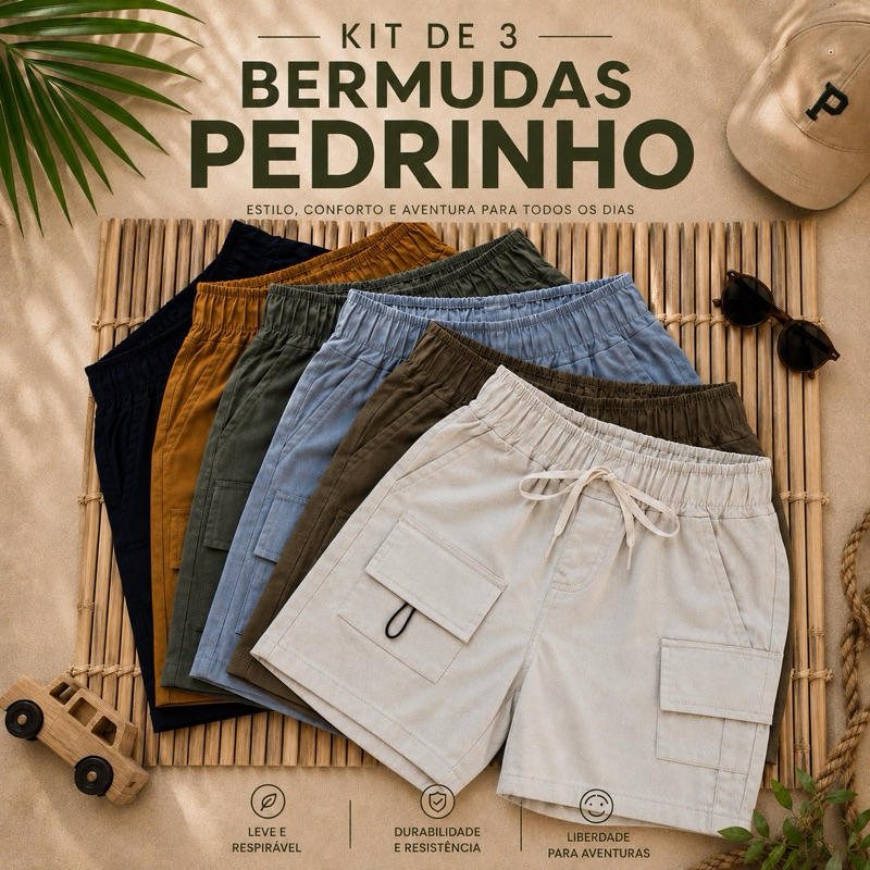 KIT COM 3 BERMUDAS INFANTIL MENINOS DE SARJA CARGO PEDRINHO