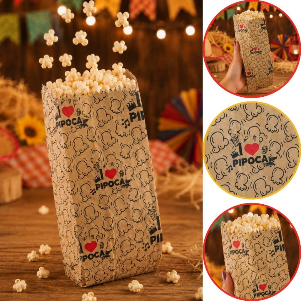 100 SACO PARA PIPOCA G KRAFT EU AMO PIPOCA 5 PIPOCÃO FESTA JUNINA 2026 (CHOCO)