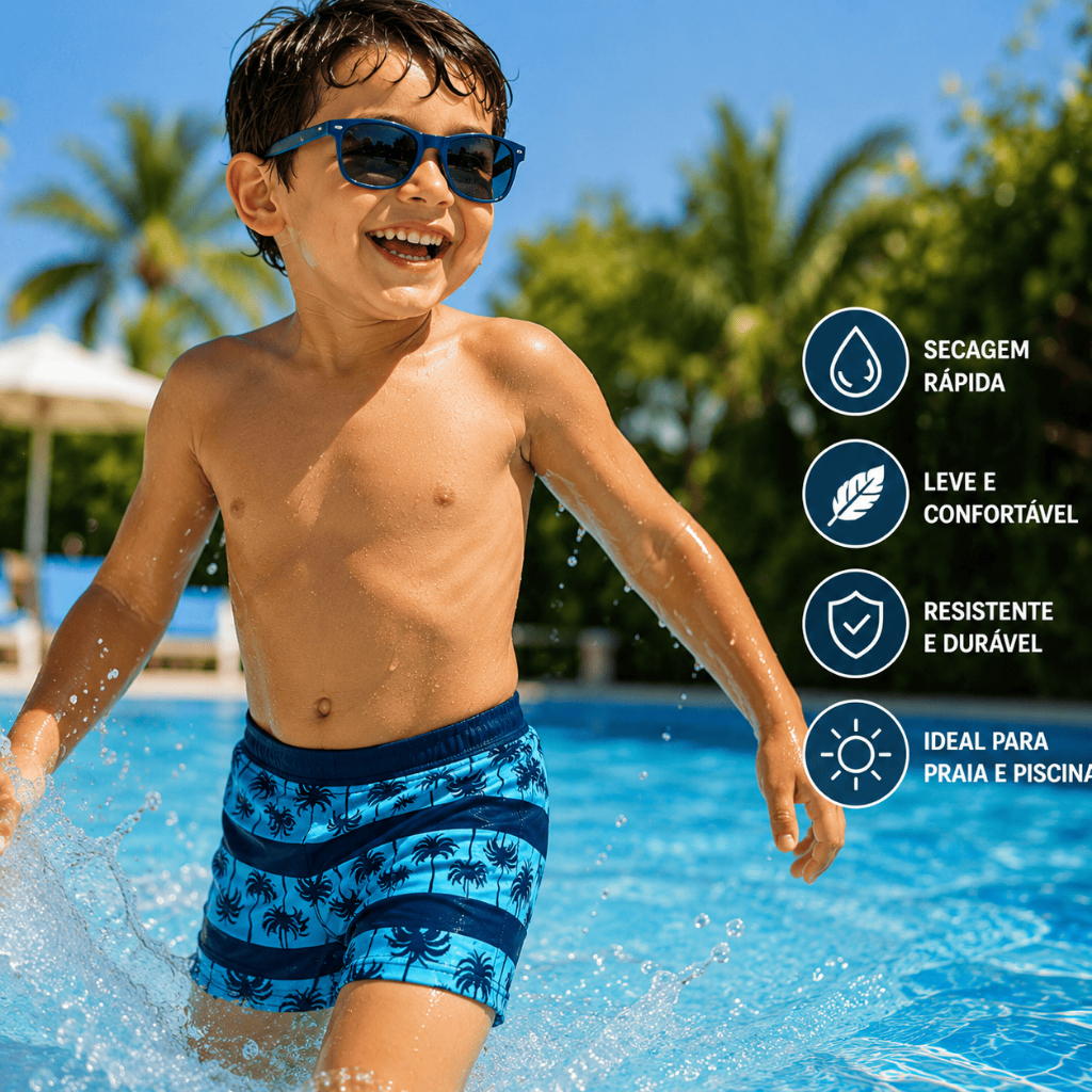 Sunga Boxer Box Infantil Juvenil Estampada Azul com Forro Proteção Uv50 Menino Piscina Praia Natação