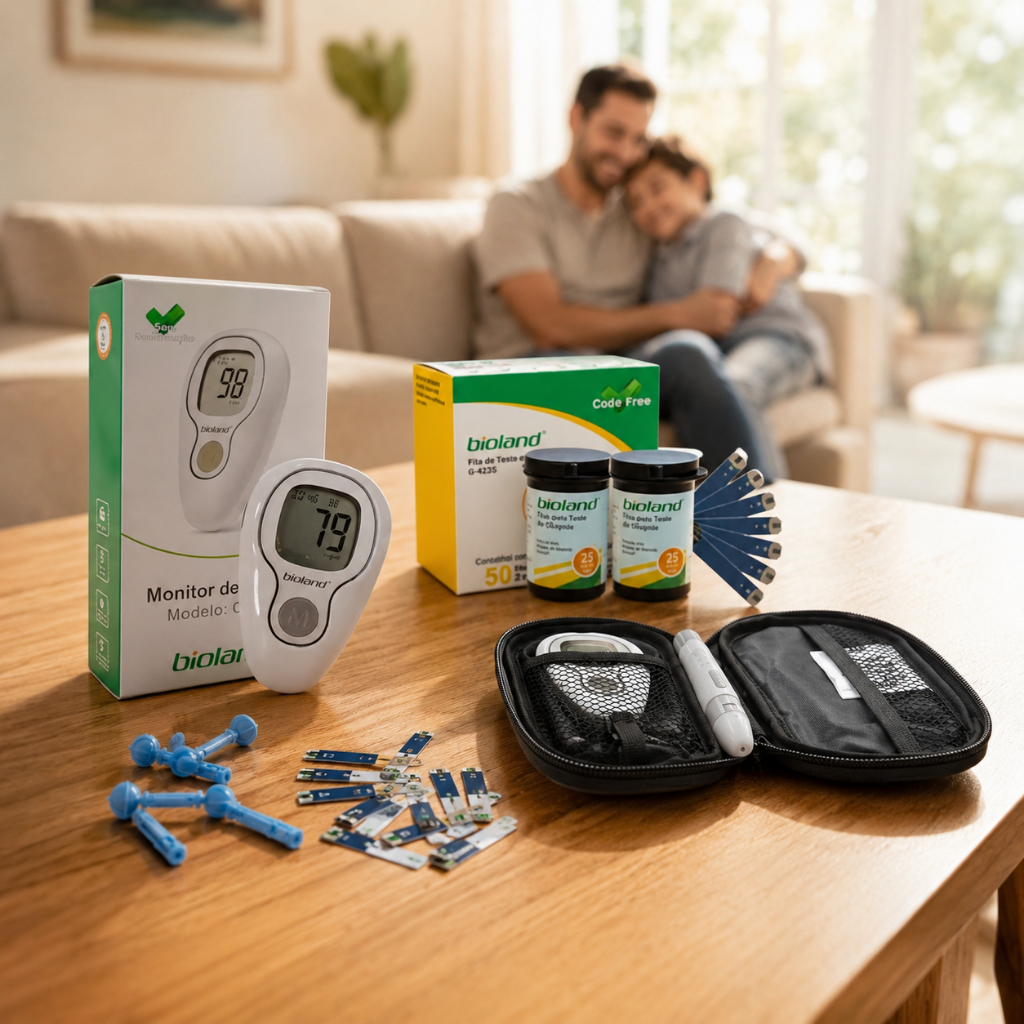 Kit Bioland Completo com 75 Tiras e 125 Lancetas para Monitoramento Aparelho Glicemia para Medir Diabetes