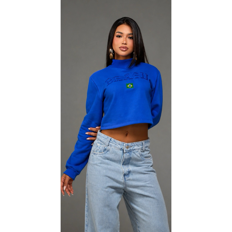 Moleton Brasil Stile Copa Bordado m Cropped Moletom Feminino Brasil Bordado | Gola Alta | Manga Longa