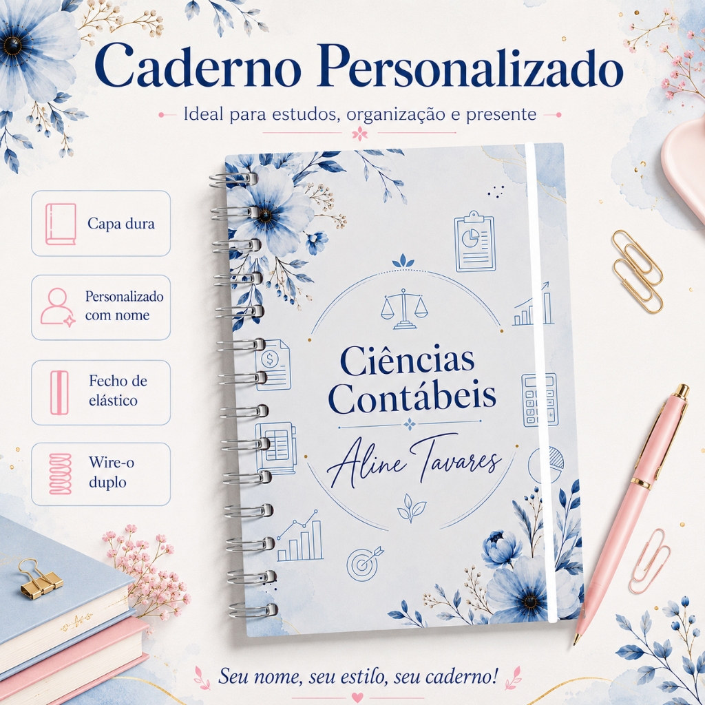 Caderno Personalizado Contabilidade Floral Azul com Nome Capa Dura 22x16cm Premium 120 Folhas