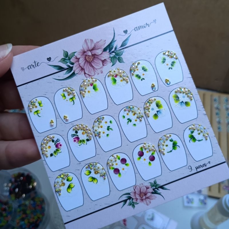 Joias de Unha - Decoração de unha - Cartela com 9 pares de jóias com adesivo 3d
