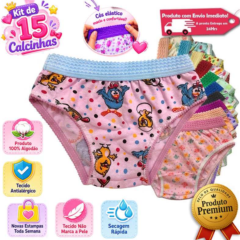Kit 15 Calcinhas Infantil Algodão Estampada Cós Elástico Menina Revenda