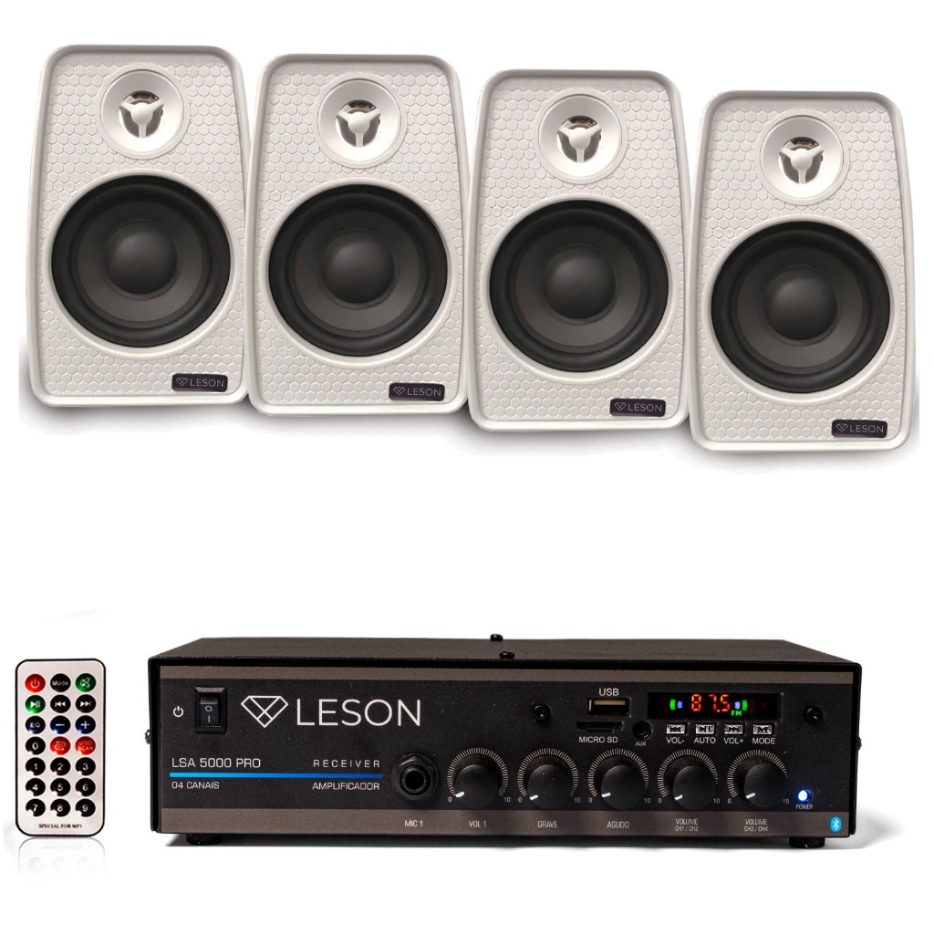 Kit Som Ambiente Receiver 4 Ch Bt 4 Caixas Acústica Branca