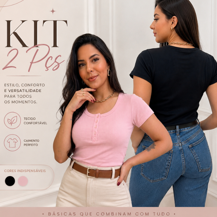 Kit 2 Camisetas Canelada Feminina Algodão Botão Funcional Inverno M G GG SLIM