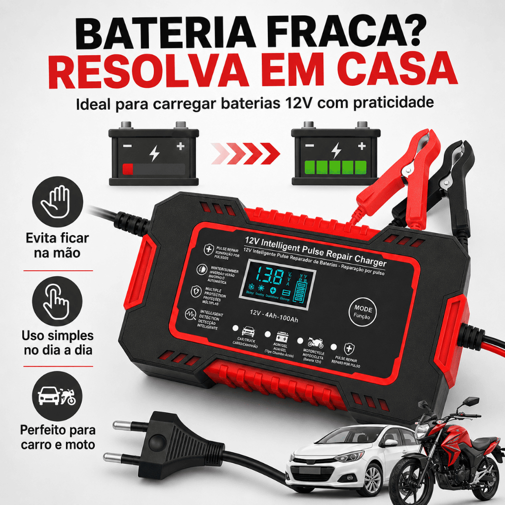 🔋Carregador Inteligente de Bateria 12V com Reparo de Pulso, Display Digital para Carro, Moto e Veículos