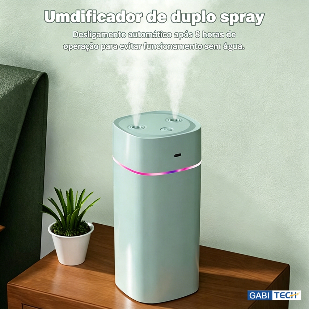 Umidificador De Ar Grande Ultrassonico Aromatizador De Ambiente 600ml Purificador 8 Horas Com 2 Saídas De Ar E Led