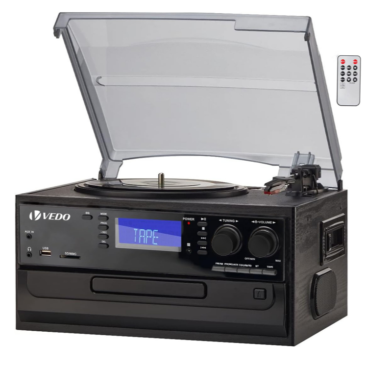 VEDO Toca-discos giratório Bluetooth  10 em 1, com alto-falantes integrados, combinação de toca-discos, CD, fita cassete