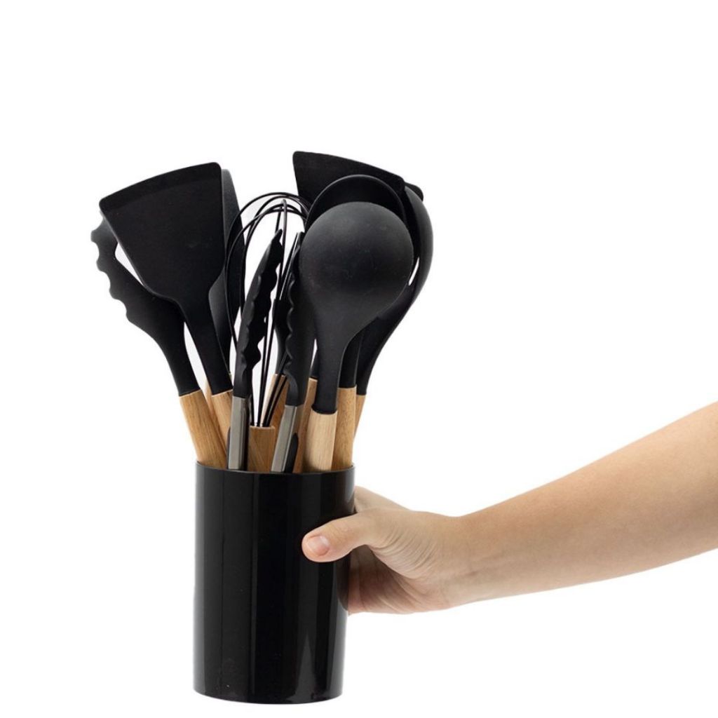 Jogo Utensílios de Silicone Antiaderente com Porta Utensílios e Cabo Amadeirado
