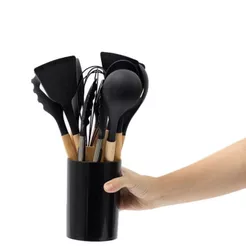 Jogo Utensílios de Silicone Antiaderente com Porta Utensílios e Cabo Amadeirado