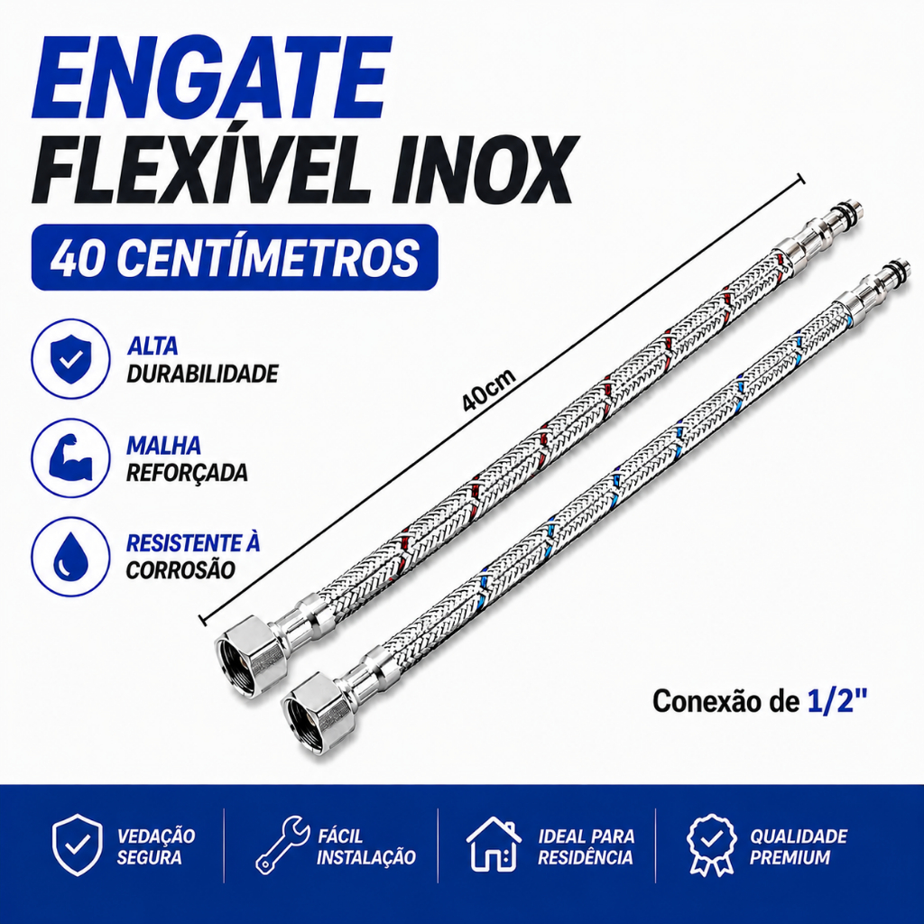 Par Engate Flexível 40cm Inox para Misturador Monocomando 1/2" | Resistente e Antivazamento | Kit 1, 2, 3, 4 e 5