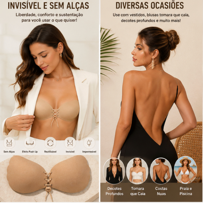 Sutiã Adesivo Push Up Invisível Sem Alças e Sem Costas Reutilizável Bege P ao GG