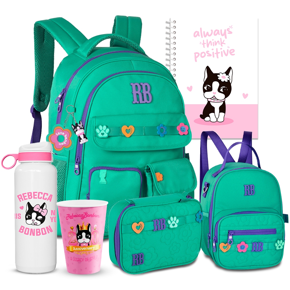Kit Mochila Rebecca Bonbon Costas Poliéster Chaveiro Pompom Com Estojo Box Grande Lancheira Térmica