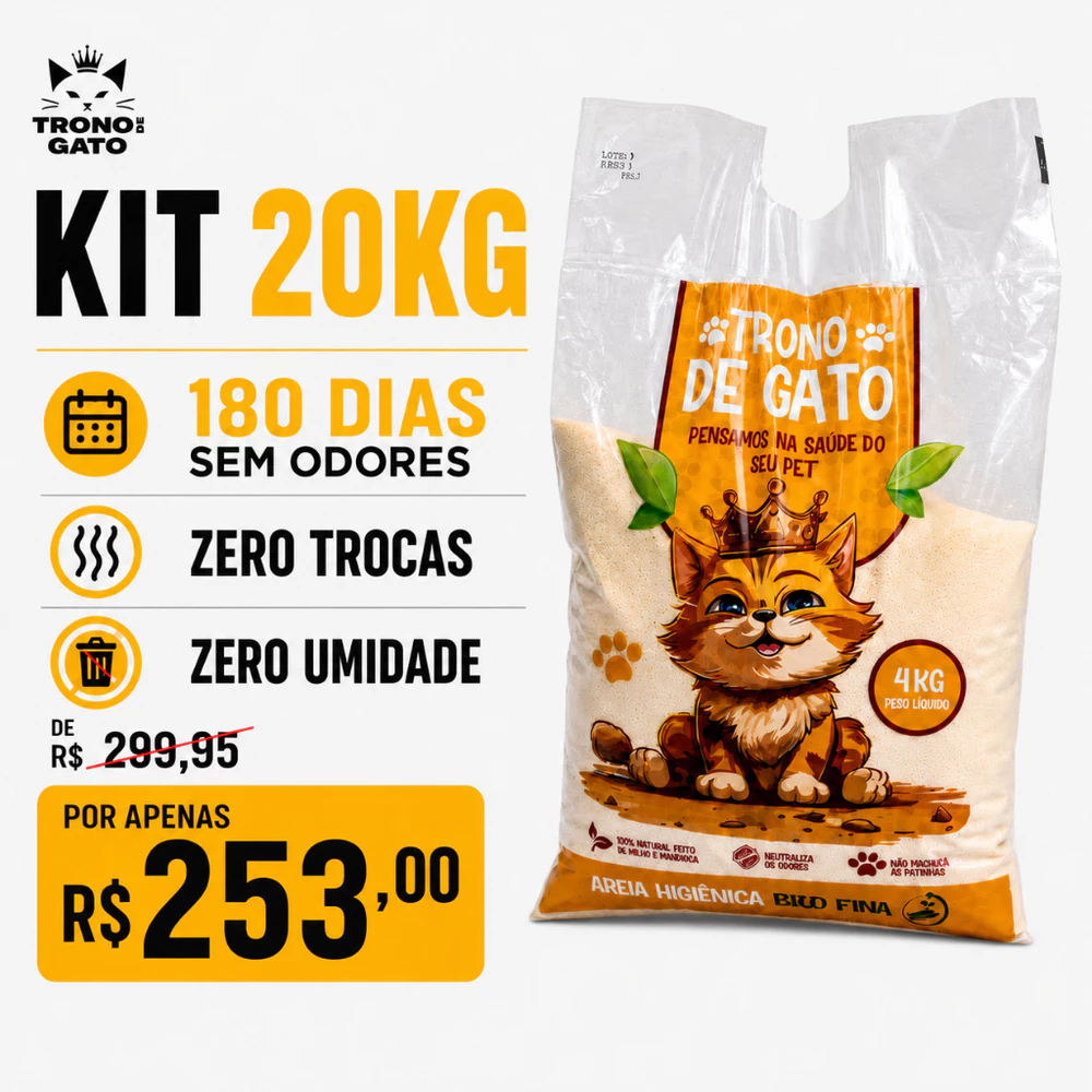 Kit 5 Areias Bio Fina Trono de Gato - Biodegradável Milho e Mandioca