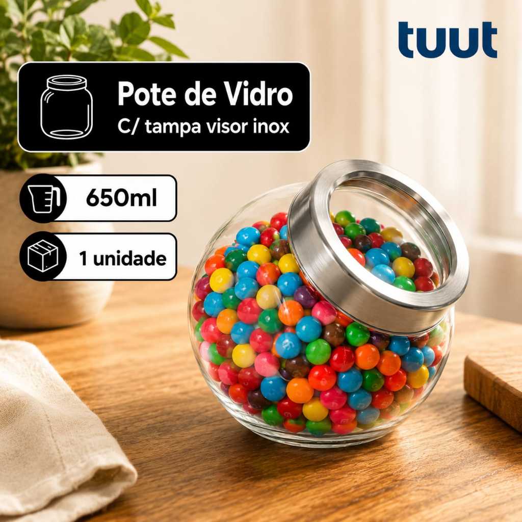 Pote Baleiro de Vidro Com Tampa Visor Inox 650ml Tuut Yazi