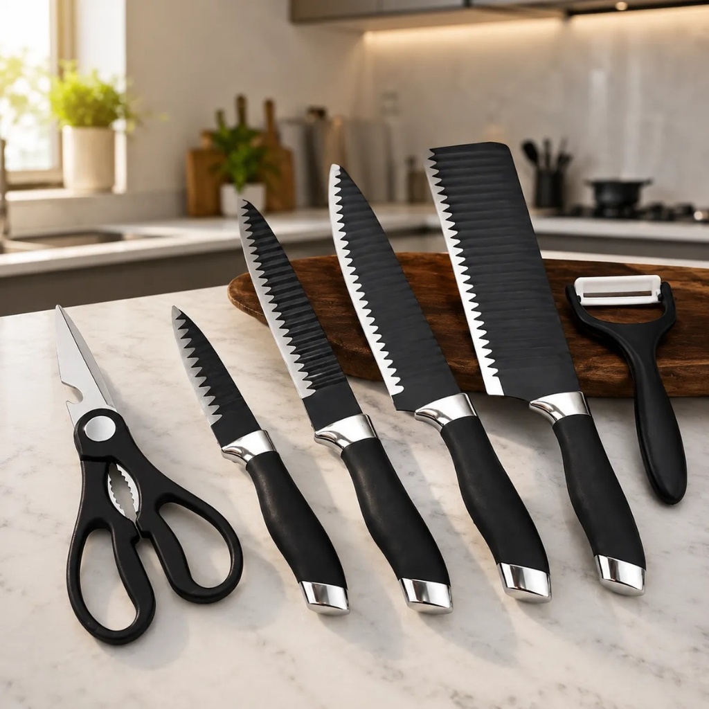 Jogo De Facas Preto Kit 6 Peças Para Cozinha E Churrasco