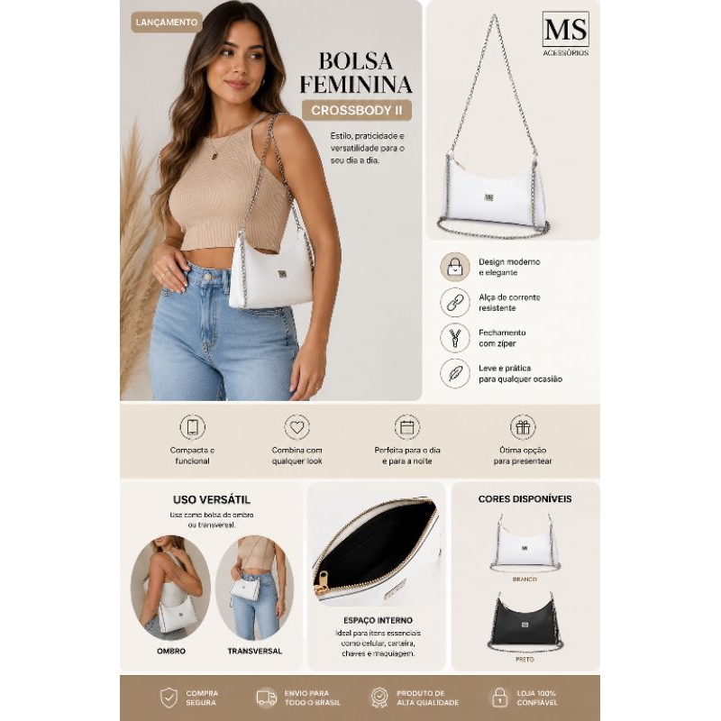 Bolsa Feminina crossbody ll duas corrente ll prática dia dia cabe celular carteira Pronta entrega/Envio Imediato