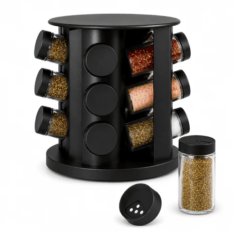 Porta Temperos 9 Potes Giratório Preto Organizador de Cozinha Organização Bancada Premium Condimento