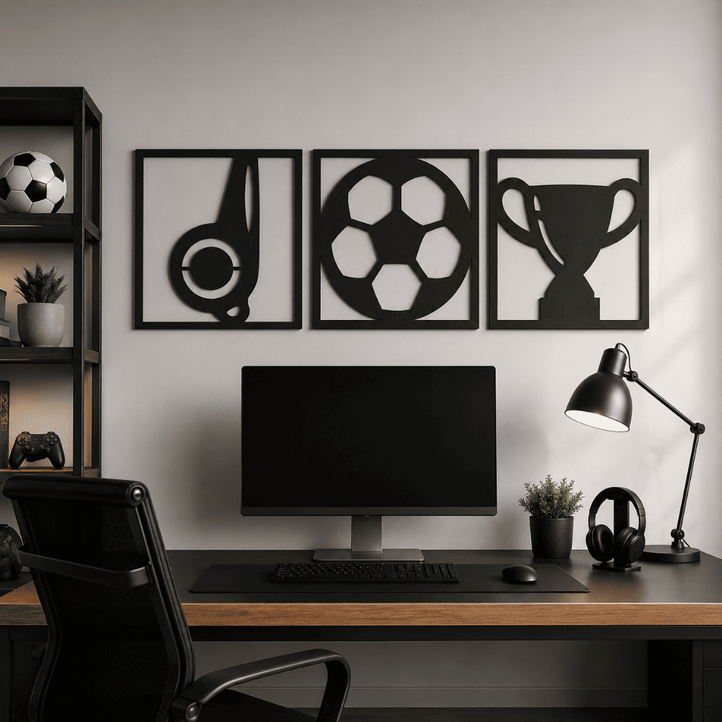 Quadros Decorativos Futebol Kit 3 Peças MDF Preto 3mm Apito Bola Troféu Para Quarto Sala Parede
