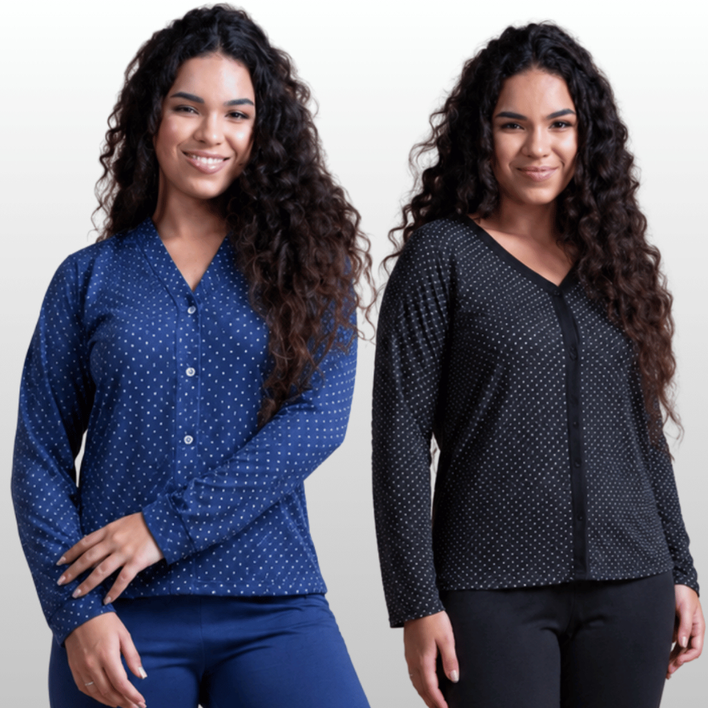 Kit 2 Pijamas Botão Feminino Conjunto Longo Confortável Malha Estampada Comprido Inverno Amamentação Pós-cirúrgico 332