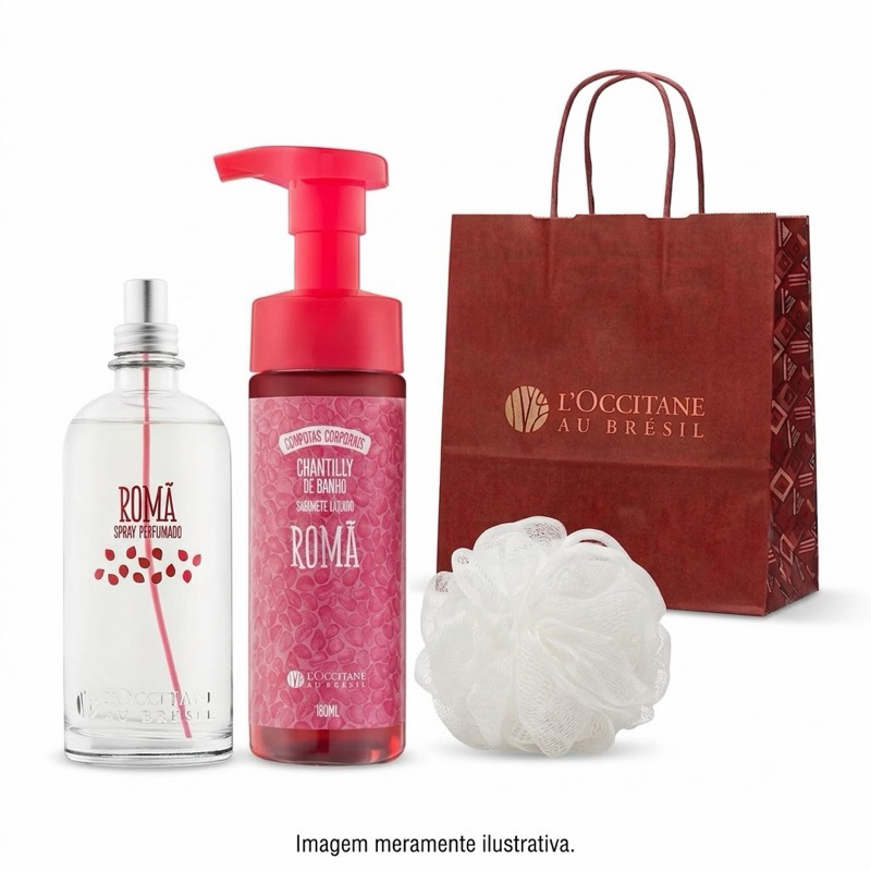 Duo Romã Loccitane au Brésil | Spray Perfumado Romã | Chantilly de banho Romã | Bucha Branca | Sacolinha | Presente