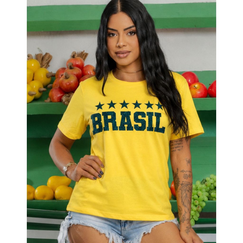 Camiseta Feminina Do Brasil Manga Curta Estampa Estrela