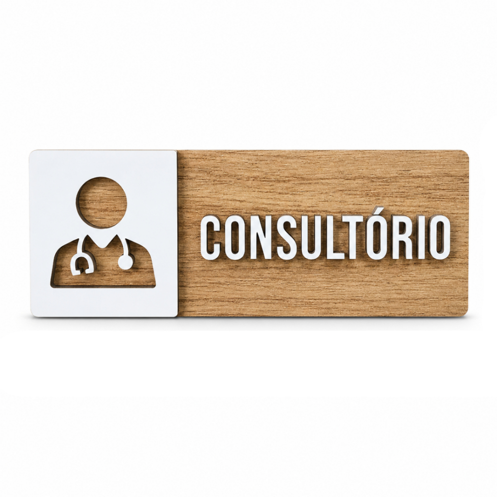 Placa Sinalização Consultório Médico MDF Decorativa Alto Relevo Porta 25x9cm Com Fita VHB
