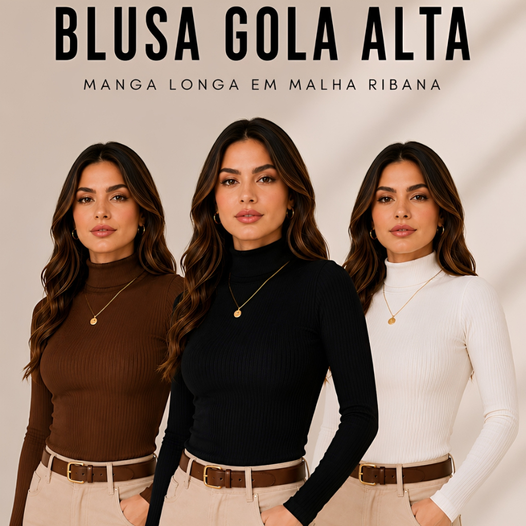 Kit 2 Blusas Cacharrel Feminina Gola Alta Canelada Ribana Confort Manga Longa Inverno Segunda Pele Premium Promoção