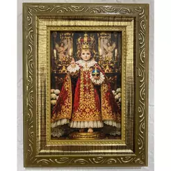 QUADRO MENINO JESUS DE PRAGA 10X15 CM RESINADO MOLDURA PREMIUM DOURADA